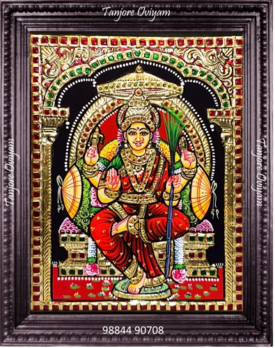 Lalitha Tripurasundari Tanjore painting seated red saree sugarcane bow gold foil artwork